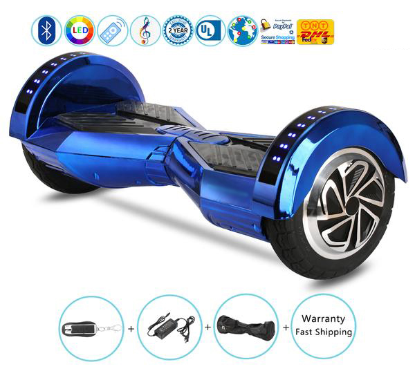 8 Inch Lambo Performance Chrome Blue Hoverboard for Child with Bluetooth Speakers + Lights + Remote + Carry Bag